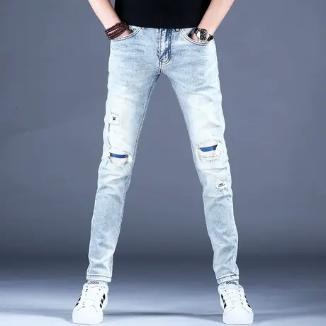 2023春季新款牛仔裤子时尚街头风修身破洞补丁小脚裤春夏男潮牌裤商品大图