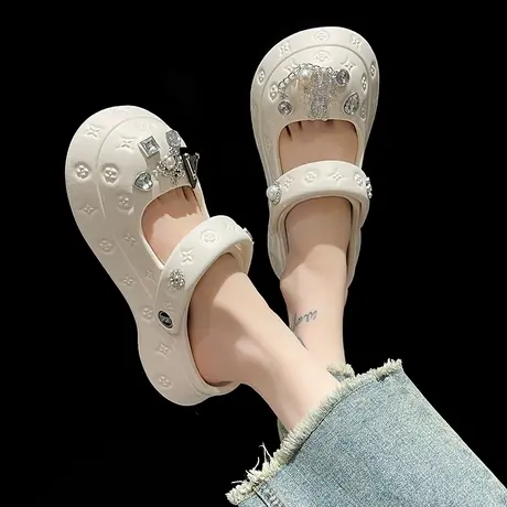 玛丽珍洞洞鞋女夏季可爱水晶熊链条两穿厚底防滑包头可外穿凉拖鞋商品大图