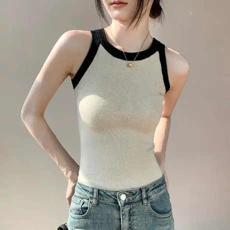 绿色吊带背心女夏季百搭无袖撞色遮副乳拼接上衣西装内搭打底衫女商品大图