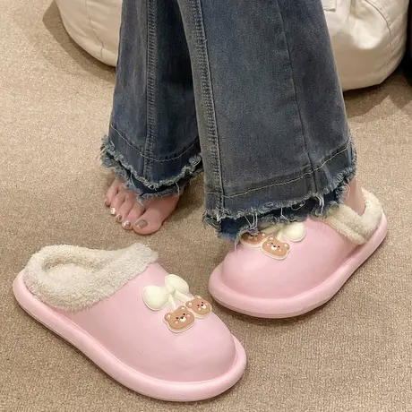 防水棉拖鞋女士冬季外穿可爱小熊室内家居保暖加绒防滑半包月子鞋商品大图