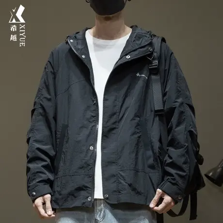 希越褶皱感工装夹克男2024新款春秋户外连帽运动外套潮牌大码男装图片
