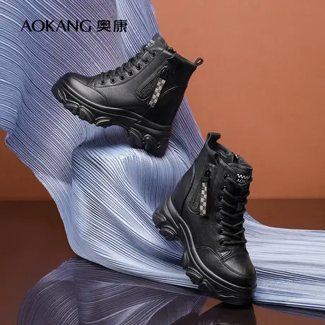 【门店发货】奥康女鞋2022冬季新款休闲短靴加绒保暖内增高工装鞋商品大图