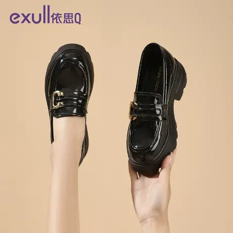 exull/依思Q软皮真皮鞋高跟2023年新款冬季百搭粗跟浅口女乐福鞋商品大图