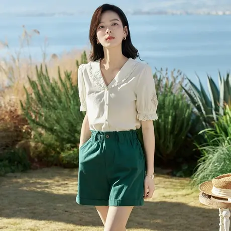 茵曼2023夏季女装新款休闲百搭小众V领拼接绣花边泡泡袖衬衫衬衣图片