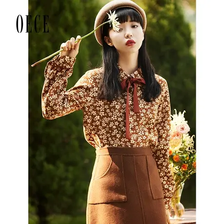 Oece复古韩系碎花衬衫秋冬季新款女装长袖衬衣上衣图片