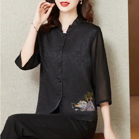 漂亮时尚雪纺衫女七分袖大码2023年新款遮肚子阔太太妈妈春秋上衣图片