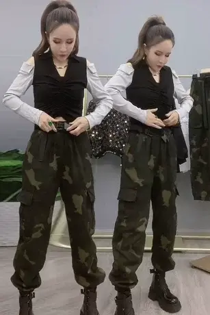 小个子迷彩裤女初秋高腰军绿色宽松束脚休闲腰带工装裤九分哈伦裤商品大图