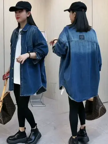 休闲宽松慵懒风牛仔衬衫女春秋新款韩版百搭叠穿上衣时尚牛仔外套图片