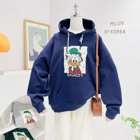 韩国东大门上衣2022秋款chic复古设计感连帽卫衣宽松休闲慵懒大码图片