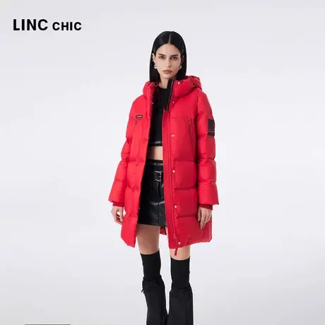 LINC金羽杰2023秋冬新品都市机能加厚防风保暖中长款连帽羽绒服女商品大图
