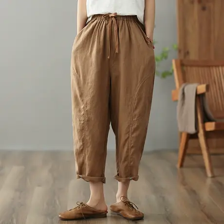 dza 高腰显瘦亚麻休闲裤女2023夏季九分直筒阔腿裤宽松棉麻哈伦裤图片