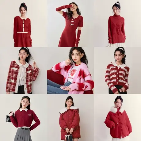 【会员专享清仓】乐町复古红格纹红品新年集合羽绒服针织衫外套商品大图