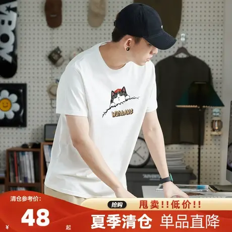 [吾皇猫联名]唐狮2023年夏季新款纯棉短袖t恤男休闲宽松圆领衣服商品大图