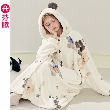 芬腾珊瑚绒女士睡袍秋冬季加厚连帽睡衣新款保暖法兰绒家居服浴袍图片