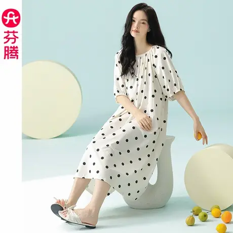 芬腾睡裙女纯棉薄款夏季短袖睡衣裙简约休闲大码夏天连衣裙家居服图片