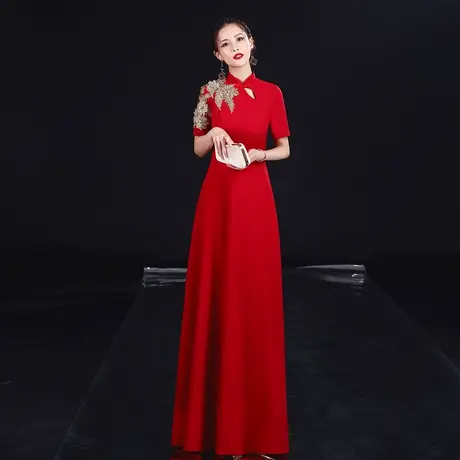 敬酒服旗袍新娘酒红色结婚订婚晚礼服回门娘家走秀年会演出长礼服图片