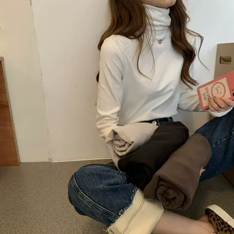 2023春秋冬季新款内搭白色加绒打底衫高领洋气黑色德绒长袖t恤女图片