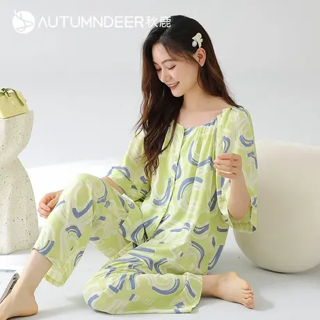 秋鹿柔软透气轻盈印花睡衣女夏薄款五分中袖九分裤圆领家居服套装商品大图