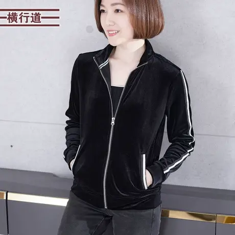 2023新款冬装中年妈妈长袖女装黑色金丝绒立领外套女拉链上衣服商品大图
