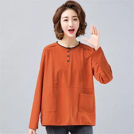 中年妈妈秋装长袖t恤女大码女装宽松纯棉百搭显瘦圆领打底衫女商品大图