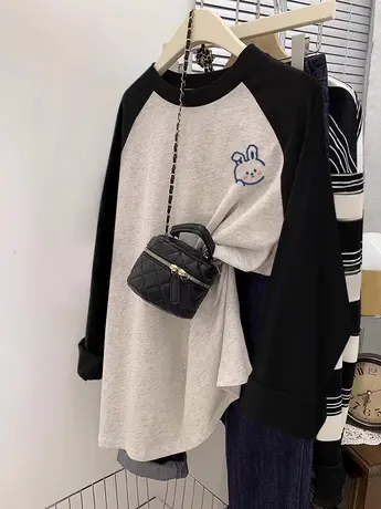 高级感撞色T恤女秋季2023新款插肩长袖ins潮休闲百搭纯棉大码上衣商品大图