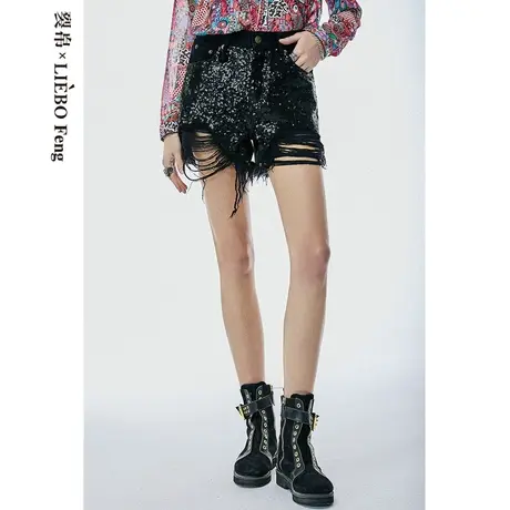 【129元2件】裂帛LIEBOFeng原创设计ins热辣亮片破洞黑色牛仔短裤商品大图