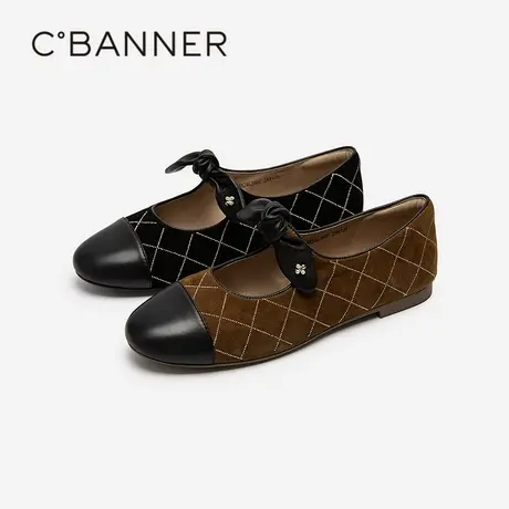 千百度拼接羊皮玛丽珍鞋女百搭气质新款蝴蝶结平底小香风晚晚单鞋图片