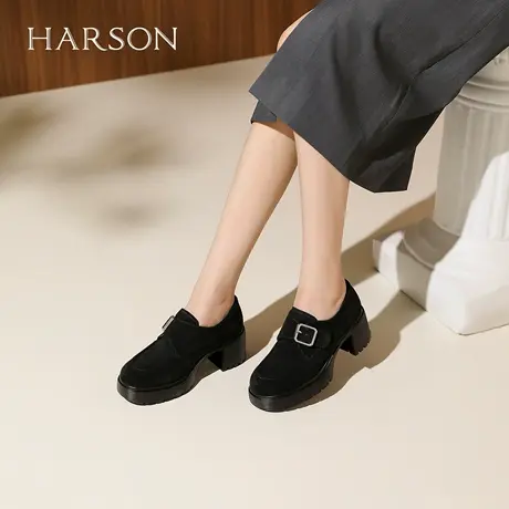 哈森复古绒面深口单鞋皮带扣黑色皮鞋粗高跟女鞋2025新款HL257131图片