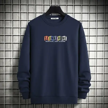 男士卫衣秋冬款宽松潮流百搭摇粒绒加绒加厚无帽长袖圆领上衣服商品大图