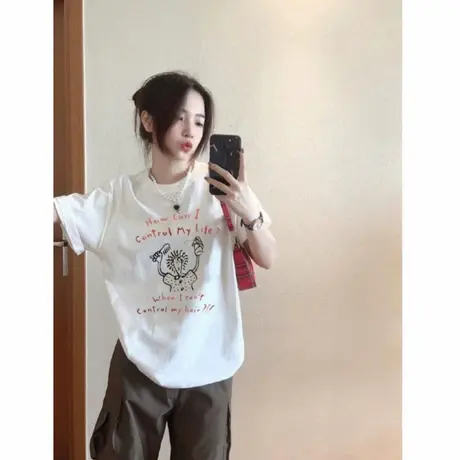 白色落肩纯棉短袖t恤女2025新款夏季美式宽松oversize半袖上衣服商品大图