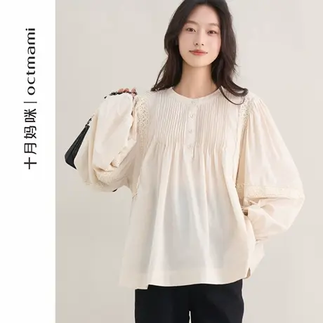 十月妈咪孕妇拼接蕾丝衬衫2025新款秋季外穿宽松遮肚衬衣上衣秋装商品大图