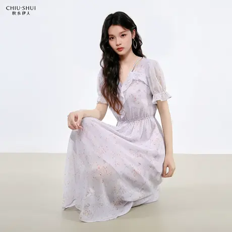 秋水伊人时尚日常百搭连衣裙2025年夏季新款女法式V领碎花中长裙商品大图