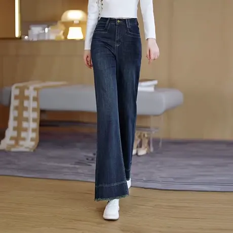 高腰显瘦百搭牛仔裤女2025春秋新款阔腿裤时尚舒适休闲毛边长裤商品大图