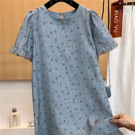 爵莱菲大码高端欧货夏新款木耳边拼接波点宽松短袖连衣裙女商品大图