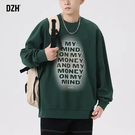 男士绿色圆领卫衣男春秋宽松潮牌外套美式新款秋装设计感上衣长袖商品大图