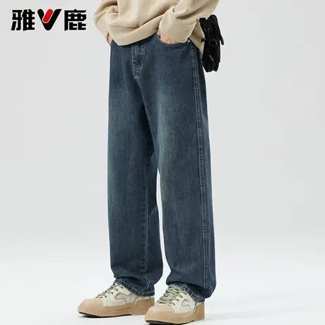 雅鹿2025秋冬新款宽松深蓝牛仔长裤男加绒加厚保暖港风复古休闲裤图片