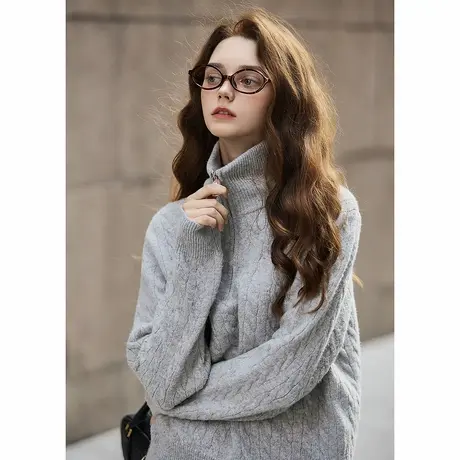 yoe秋冬新款毛衣女半拉链高领灰色复古麻花针织套头毛线衫TD图片