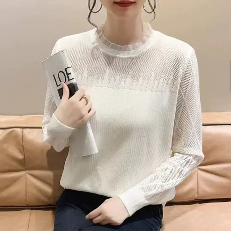 秋冬装洋气显瘦网纱长袖打底衫女毛衣圆领修身蕾丝内搭针织衫上衣商品大图