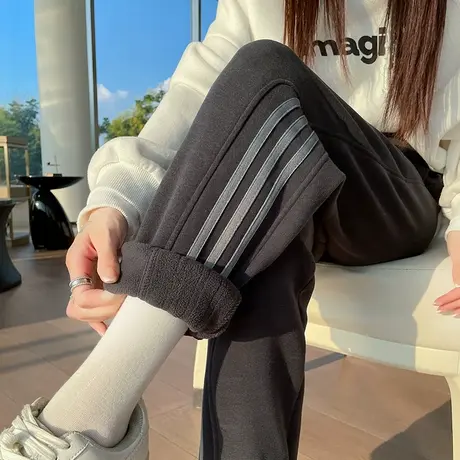 灰色运动裤女冬季新款高腰直筒小个子宽松显瘦三道杠休闲灯笼卫裤图片