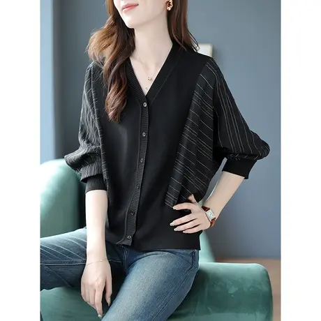 宝诗黎V领条纹拼接针织开衫2023新款时尚设计感蝙蝠长袖秋季上衣商品大图