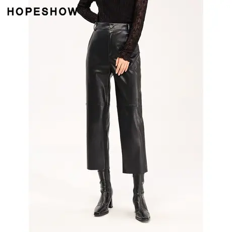 红袖outlets松紧腰PU九分裤女hopeshow2023冬款一粒扣直筒休闲裤商品大图