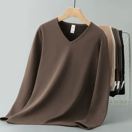 长袖t恤男生秋冬季潮流V领上衣服纯色内搭打底衫加绒加厚保暖小衫商品大图