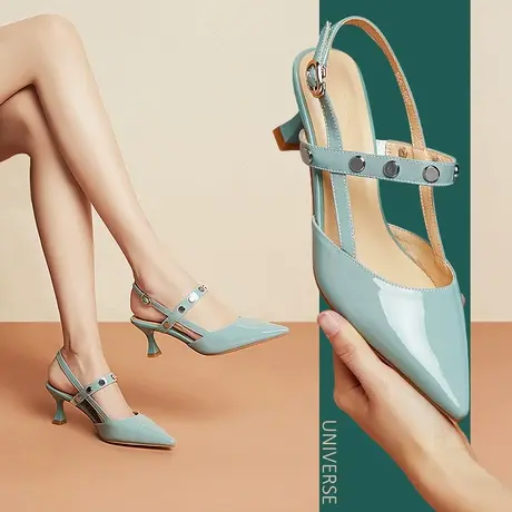 清仓包头凉鞋女夏真皮黑色尖头细跟高跟鞋夏天中空皮鞋女图片