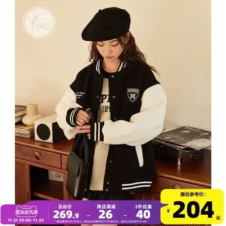 yoe棒球服外套女加绒夹克冬装黑色开衫美式复古运动休闲上衣女装图片