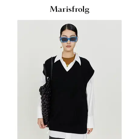 【商场同款】玛丝菲尔秋季新款黑色绵羊毛马甲式宽肩毛衣商品大图