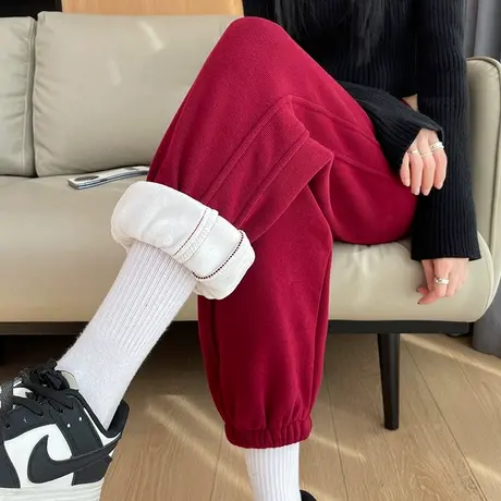红色加绒运动裤女冬季2023新款高腰显瘦宽松小个子束脚休闲卫裤子图片