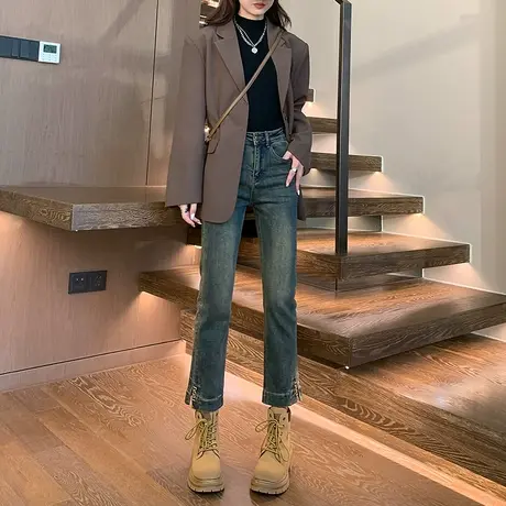 蓝色开叉烟管裤女春秋新款高腰九分法棍裤小个子复古直筒牛仔裤子商品大图