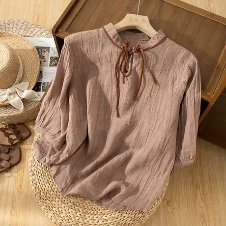 享永子七分袖苎麻上衣女夏领口系带日系棉麻T恤小衫百搭2023新款商品大图