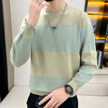 潮牌条纹毛衣男圆领秋冬款宽松休闲针织衫男冬季帅气青少年毛线衣商品大图