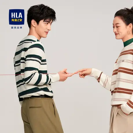 HLA/海澜之家撞色条纹长袖针织衫2023秋季圆领小标点缀毛衣男图片